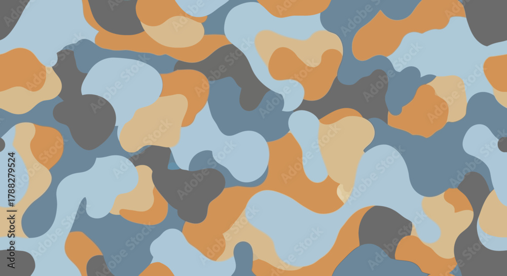 Fototapeta premium Seamless pattern of abstract shapes in blue, orange, and gray