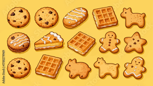 A collection of various cookies, with cartoon hand-drawn vector illustrations, including cream cookies, chocolate cookies, baked cookies, cookies, butter cookies, and sandwich cookies