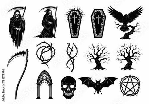 Dark gothic mystical icon set featuring skulls, wings, serpents, and celestial symbols for occult vector design