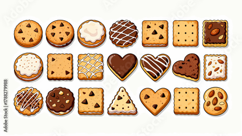 A collection of various cookies, with cartoon hand-drawn vector illustrations, including cream cookies, chocolate cookies, baked cookies, cookies, butter cookies, and sandwich cookies