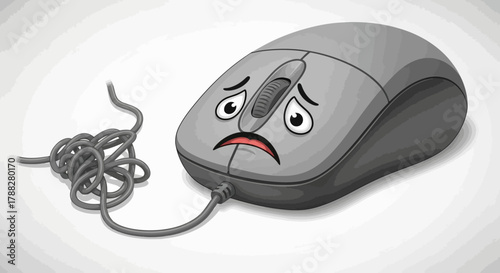 Sad computer mouse with tangled cord