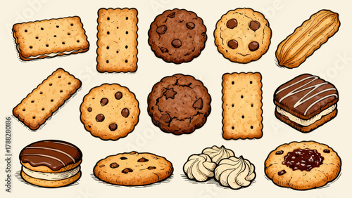 A collection of various cookies, with cartoon hand-drawn vector illustrations, including cream cookies, chocolate cookies, baked cookies, cookies, butter cookies, and sandwich cookies