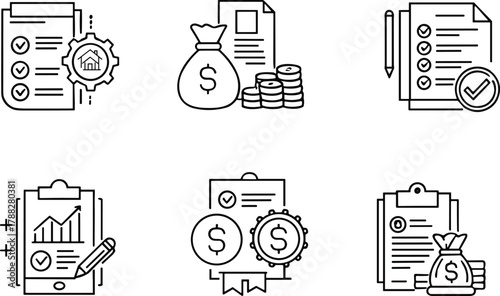 Business icon set, financial planning, investment management, budget analysis, audit checklist, money bag, coins, document, clipboard, certification, approval