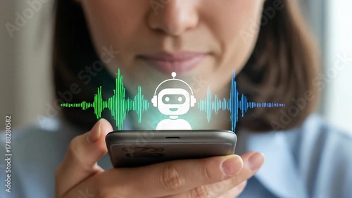Woman interacting with chat bot on mobile phone, artificial intelligence voice assistant technology concept.