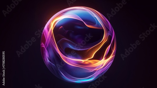 Abstract glowing sphere of swirling energy and light. Futuristic orb with purple, blue, and orange plasma waves on a dark background. Cosmic technology concept