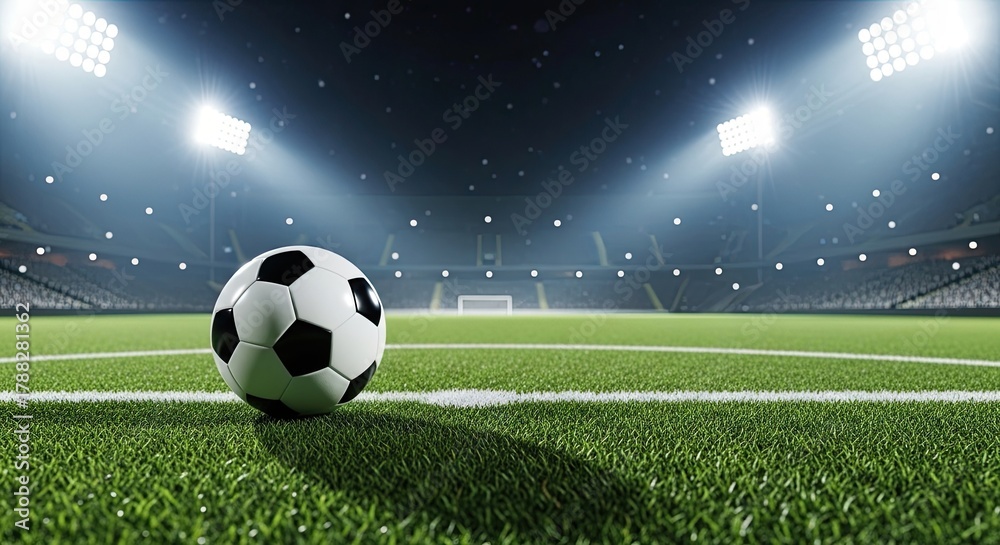 Naklejka premium Soccer ball on green grass field under stadium lights at night