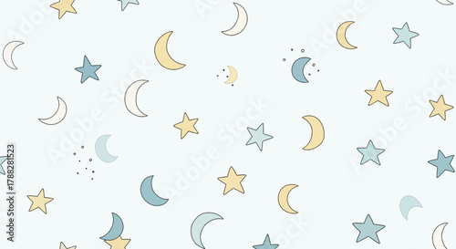 Seamless pattern of moons and stars with transparent background
