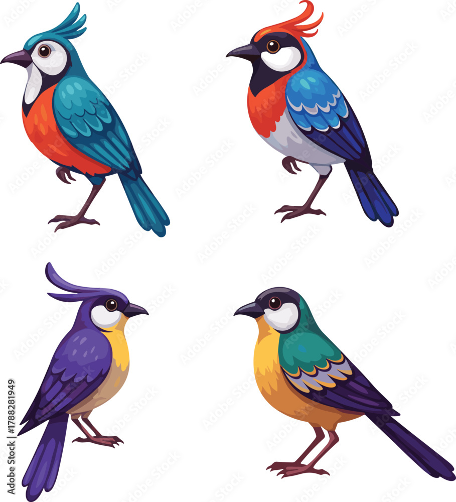 Obraz premium Colorful cartoon bird illustration set, tropical and forest exotic birds collection, cute wildlife characters for digital art and design