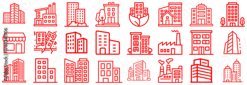 Collection of Red Line Art Icons Representing Various Buildings