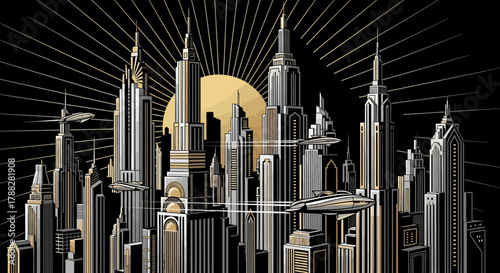 Futuristic cityscape with flying vehicles and sun rays