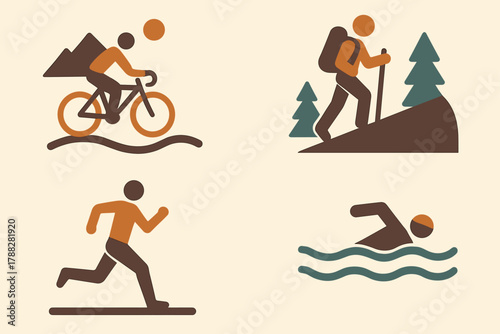 Outdoor Activities Icons Set — Hiking, Running, Swimming, Cycling