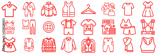 Collection of Red Line Art Icons Representing Various Clothing Items and Accessories