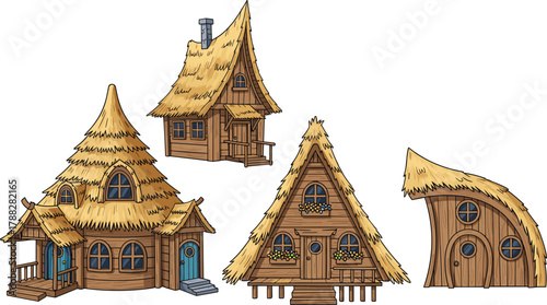 Cartoon wooden houses, fantasy architecture, thatched roofs, whimsical design, fairy tale buildings, vector illustration, forest cabins, curved roof styles, playful structures, flat lay, storybook art