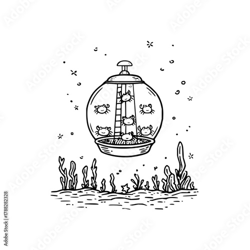 A whimsical scene depicting cartoon crabs in a glass bowl with a ladder above an ocean floor scene