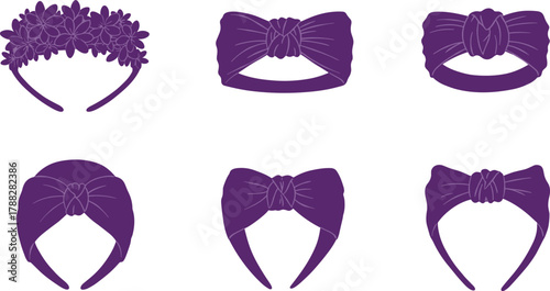 Stylish purple headband set for women, knotted and floral hair accessories, fashion illustration collection, elegant beauty band design