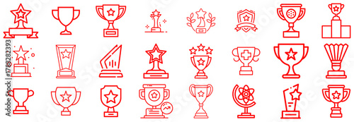 Collection of Red Trophy and Award Icons on White Background