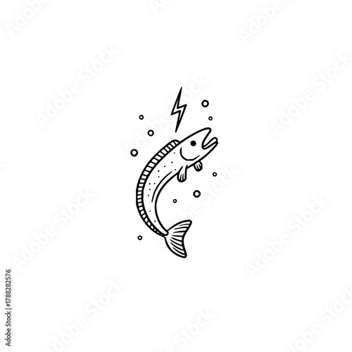 Stylized fish leaping upwards with a lightning bolt above it and bubbles around it sketch art