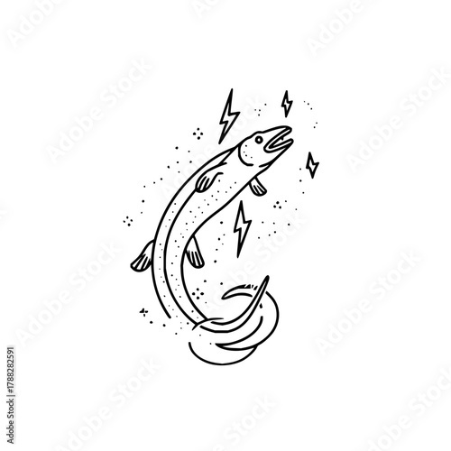 A stylized black and white drawing of a fish leaping with lightning bolts and dotwork around it