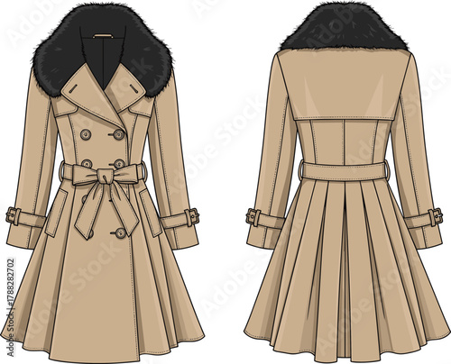 Trench coat illustration, beige winter fashion, double-breasted design, faux fur collar, pleated back, belt detail, front and back view, stylish outerwear, vector sketch
