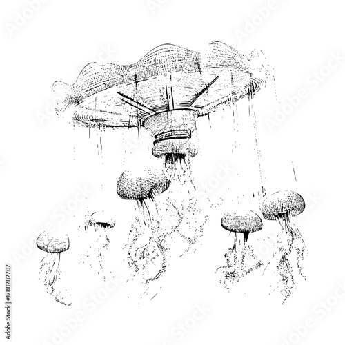 Illustration of a jellyfish carousel with five jellyfish hanging from a rotating platform above it all