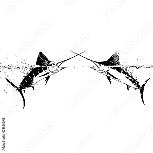 Two marlin fish facing each other with their bills crossed in a black and white illustration style image