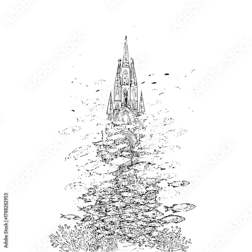 A surreal illustration of a gothic cathedral emerging from the ocean with schools of fish and coral reefs