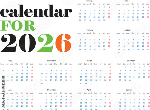 2026 Full Year Calendar Vector Template with Modern and Bold Typography