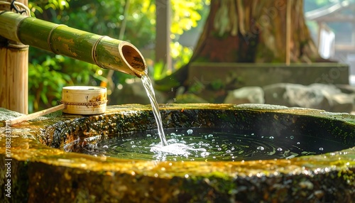 Flowing water from a bamboo pipe fills a mossy stone basin.