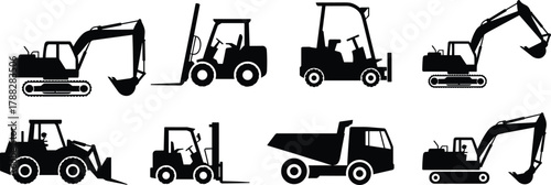 Construction vehicles, excavator, forklift, backhoe loader, dump truck, silhouette, heavy machinery, industrial equipment, black icons, engineering, transportation,