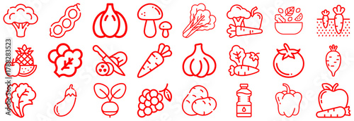 Red Line Art Icons of Various Fruits and Vegetables