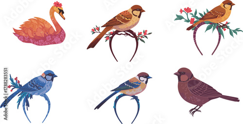 Colorful decorative birds and swan illustration collection, artistic vector design with floral details, vintage wildlife drawing, hand-drawn nature art set