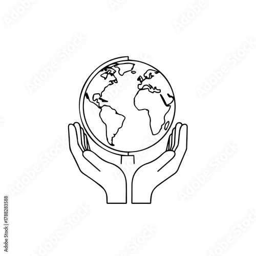 Conceptual line art depiction of hands cradling the world, emphasizing themes of environmental stewardship, ecological sustainability, and interconnectedness for future generations