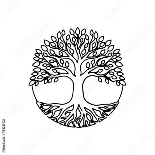 Intricate black line art illustration of the Tree of Life, a circular symbol representing growth, connection, and nature's cycle