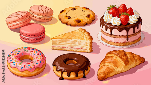 A variety of bread collections, cartoon hand-drawn vector illustrations, sliced bread, butter bread, croissants, meat floss bread, cream bread, baguettes, doughnuts, cakes, pineapple buns, and baked g