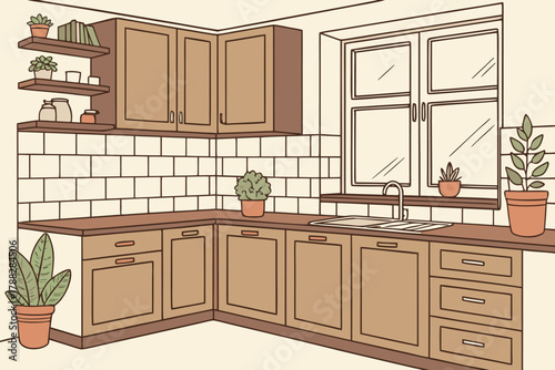 Modern kitchen interior with potted plants and window brown and white color illustration