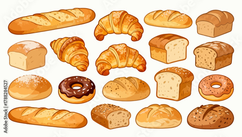 A variety of bread collections, cartoon hand-drawn vector illustrations, sliced bread, butter bread, croissants, meat floss bread, cream bread, baguettes, doughnuts, cakes, pineapple buns, and baked g