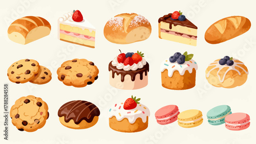 A variety of bread collections, cartoon hand-drawn vector illustrations, sliced bread, butter bread, croissants, meat floss bread, cream bread, baguettes, doughnuts, cakes, pineapple buns, and baked g