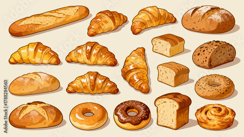 A variety of bread collections, cartoon hand-drawn vector illustrations, sliced bread, butter bread, croissants, meat floss bread, cream bread, baguettes, doughnuts, cakes, pineapple buns, and baked g
