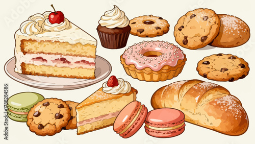 A variety of bread collections, cartoon hand-drawn vector illustrations, sliced bread, butter bread, croissants, meat floss bread, cream bread, baguettes, doughnuts, cakes, pineapple buns, and baked g