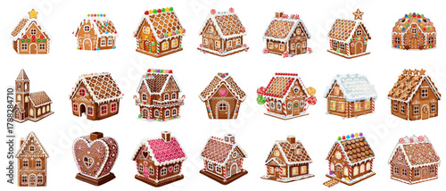 A set of gingerbread houses, beautifully decorated for the Christmas holidays  