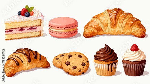 A variety of bread collections, cartoon hand-drawn vector illustrations, sliced bread, butter bread, croissants, meat floss bread, cream bread, baguettes, doughnuts, cakes, pineapple buns, and baked g