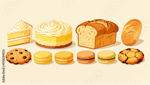 A variety of bread collections, cartoon hand-drawn vector illustrations, sliced bread, butter bread, croissants, meat floss bread, cream bread, baguettes, doughnuts, cakes, pineapple buns, and baked g