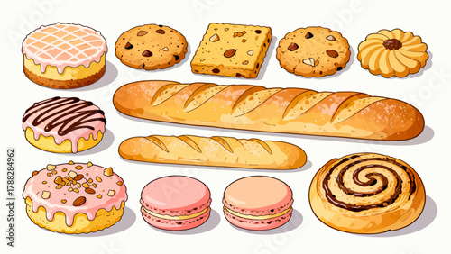 A variety of bread collections, cartoon hand-drawn vector illustrations, sliced bread, butter bread, croissants, meat floss bread, cream bread, baguettes, doughnuts, cakes, pineapple buns, and baked g