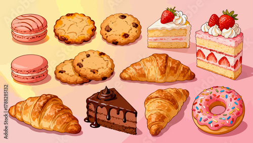 A variety of bread collections, cartoon hand-drawn vector illustrations, sliced bread, butter bread, croissants, meat floss bread, cream bread, baguettes, doughnuts, cakes, pineapple buns, and baked g