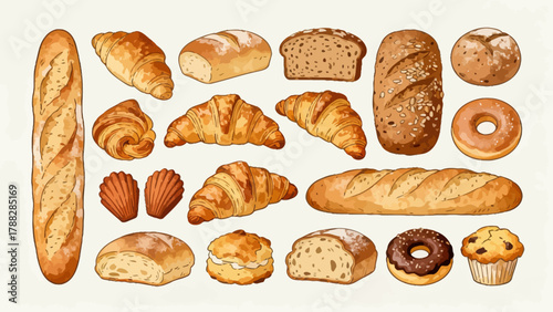A variety of bread collections, cartoon hand-drawn vector illustrations, sliced bread, butter bread, croissants, meat floss bread, cream bread, baguettes, doughnuts, cakes, pineapple buns, and baked g