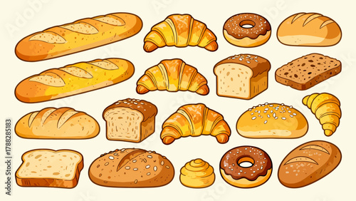 A variety of bread collections, cartoon hand-drawn vector illustrations, sliced bread, butter bread, croissants, meat floss bread, cream bread, baguettes, doughnuts, cakes, pineapple buns, and baked g