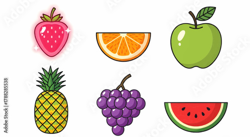 Fresh colorful fruit illustration pack featuring watermelon, pineapple, grapes, and apple for healthy lifestyle design.