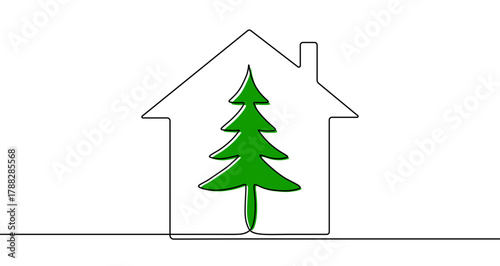 Silhouette of a house with a Christmas tree outline inside, drawn with one continuous line. Symbol of eco-friendly living. Vector illustration.