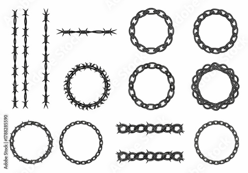 Vector collection of barbed wire circular frames for border, security, and industrial design applications.