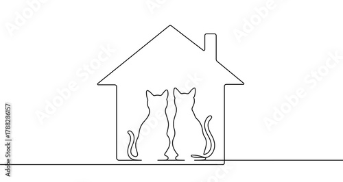 Silhouette of a house with two cats sitting inside, drawn with one continuous line. Symbol of domestic pets, coziness, veterinary clinic, and animal shelter. Vector illustration.